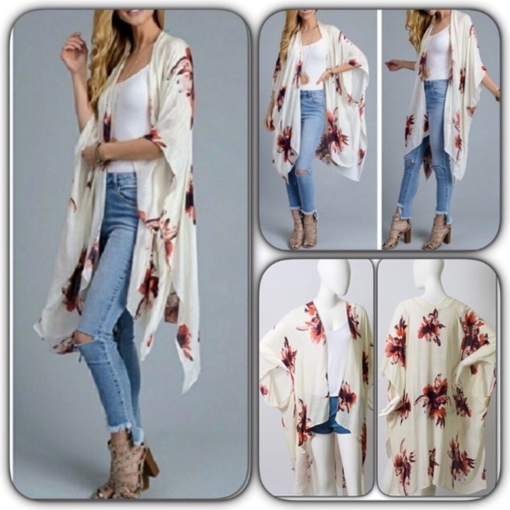 Ivory Floral Chic Kimono Wrap Coverup One Size - Picture 6 of 8